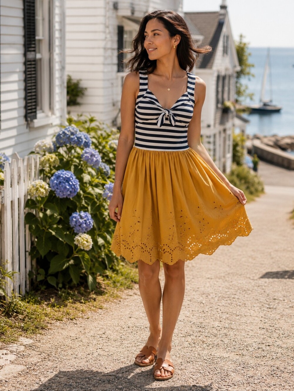 THML Nautical Striped Bow Dress Mustard Eyelet Skirt NWT S